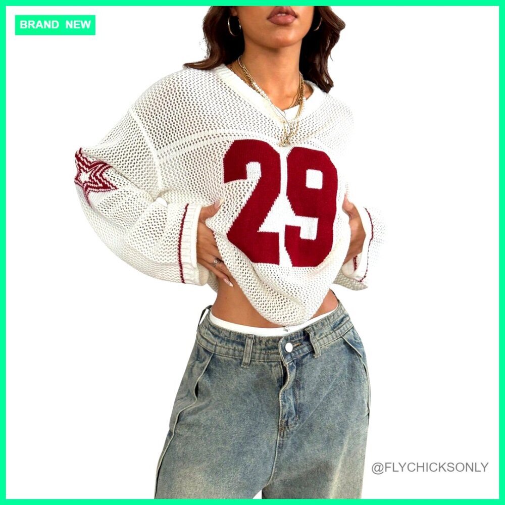Oversized V-Neck Pullover Sweater Long Sleeve Crochet Knit Jersey Top
